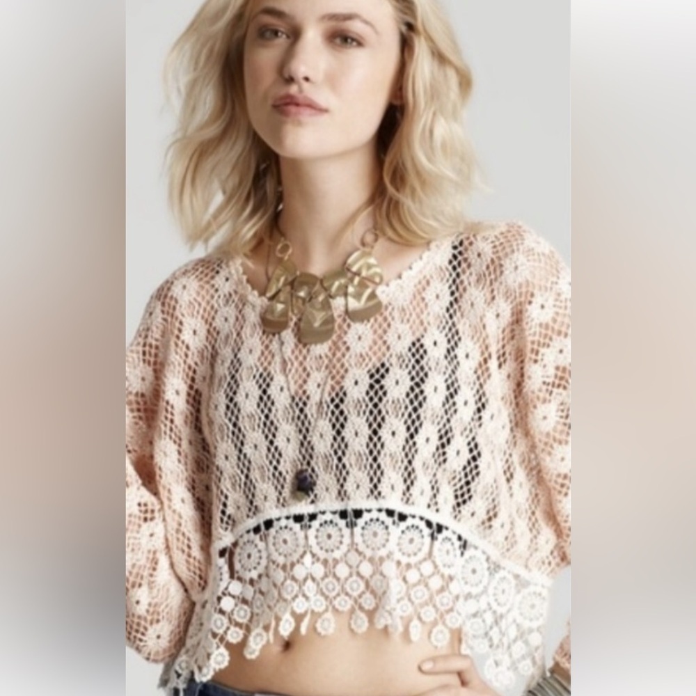 FREE PEOPLE BOHO CROCHET CROP TOP NEW ROMANTICS EMBROIDERED OVERSIZED SIZE XS-M